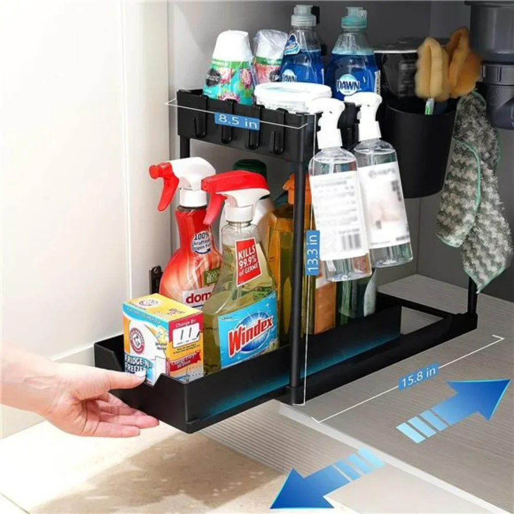 2 Pack Under Sink Organizers & Storage with Sliding Drawer, 2 Tier, Modern Black